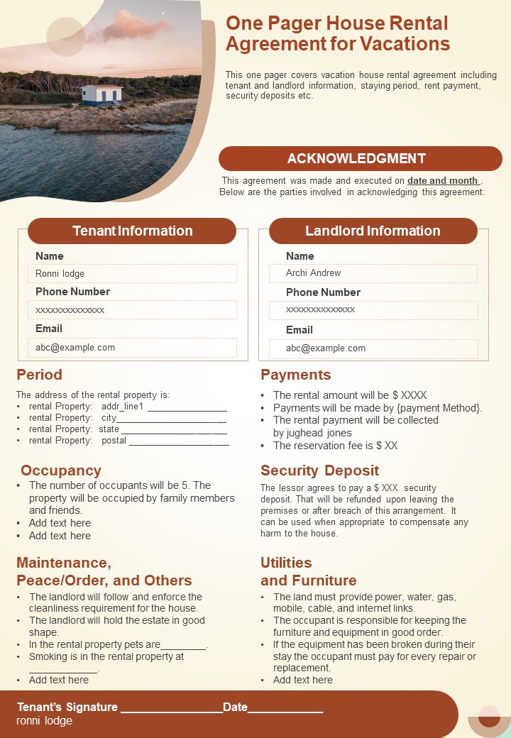 One Pager House Rental Agreement For Vacations PDF Document PPT Template