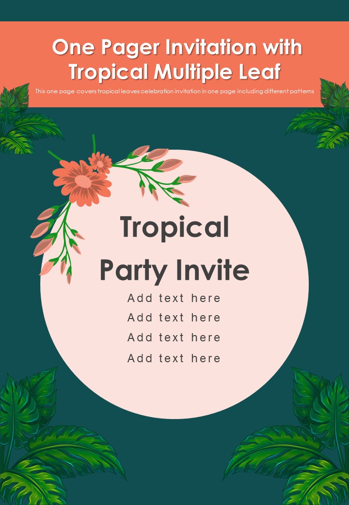 One Pager Invitation With Tropical Multiple Leaf PDF Document PPT Template