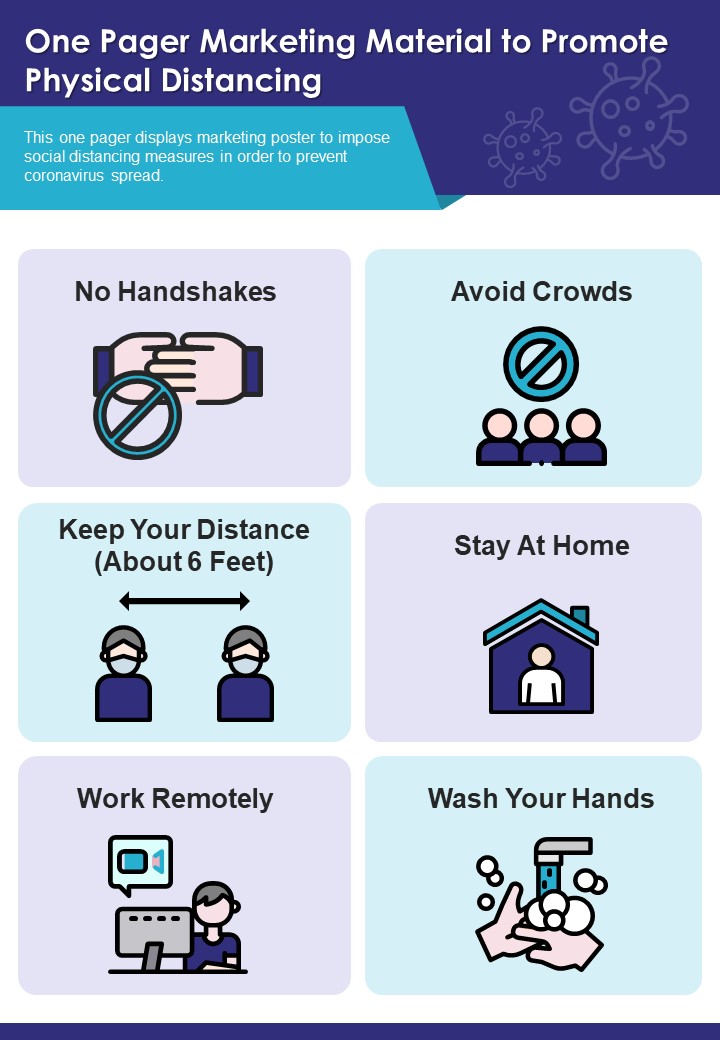 One Pager Marketing Material To Promote Physical Distancing PDF Document PPT Template