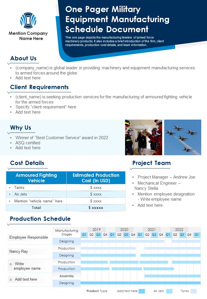 One Pager Military Equipment Manufacturing Schedule Document PDF Document PPT Template