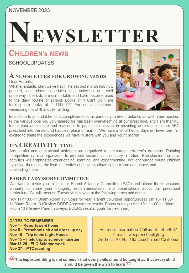 One Pager November Month Newsletter For Kindergarten PDF Document PPT Template