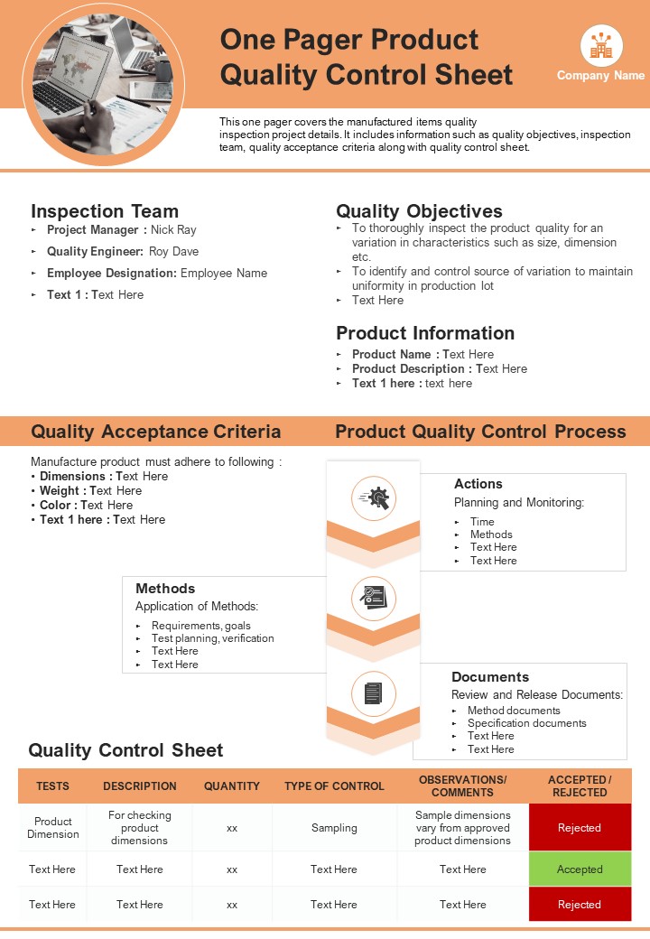 One Pager Product Quality Control Sheet PDF Document PPT Template