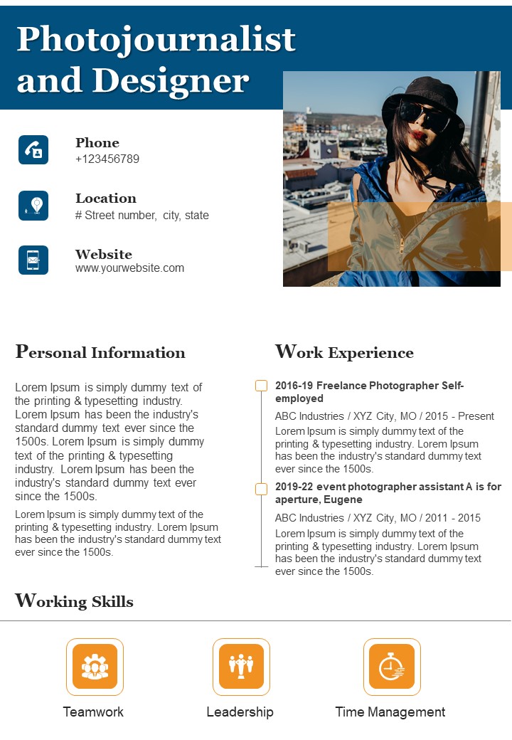 One Pager Professional CV For Freelance Designer And Photojournalist PDF Document PPT Template