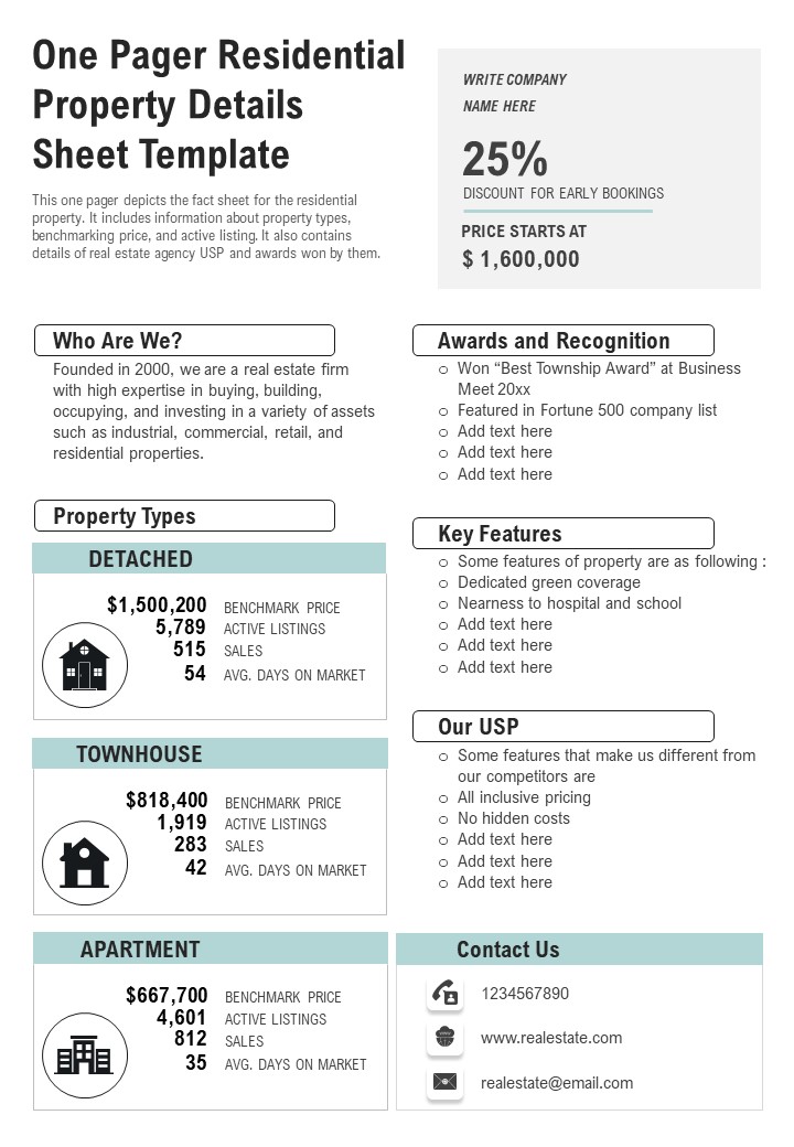 One Pager Residential Property Details Sheet Template PDF Document PPT Template