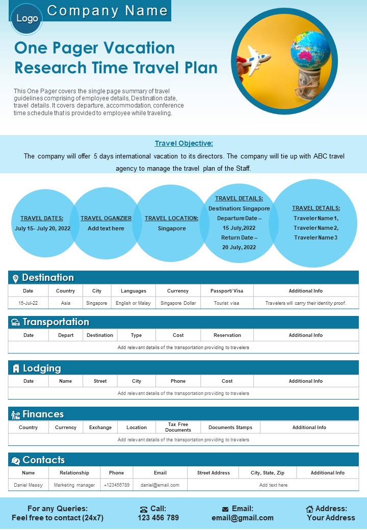 One Pager Vacation Research Time Travel Plan PDF Document PPT Template