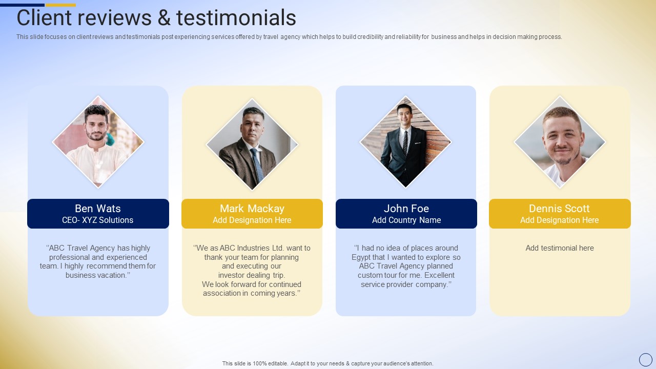 Online Tour And Travel Company Profile Client Reviews And Testimonials Background PDF
