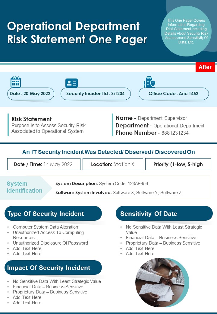 Operational Department Risk Statement One Pager PDF Document PPT Template