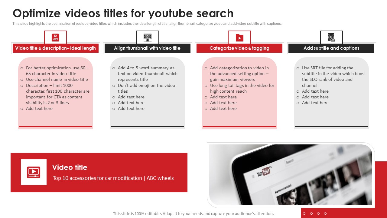 Optimize Videos Titles For Youtube Search Video Content Advertising Strategies For Youtube Marketing Mockup PDF