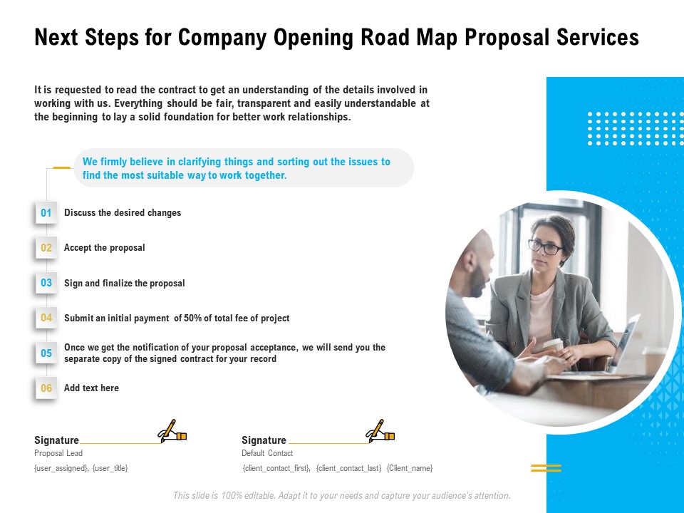 Organization Inception Timeline Proposal Next Steps For Company Opening Road Map Proposal Services Slides PDF