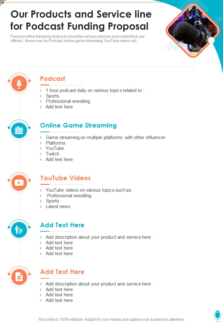 Our Products And Service Line For Podcast Funding Proposal One Pager Sample Example Document