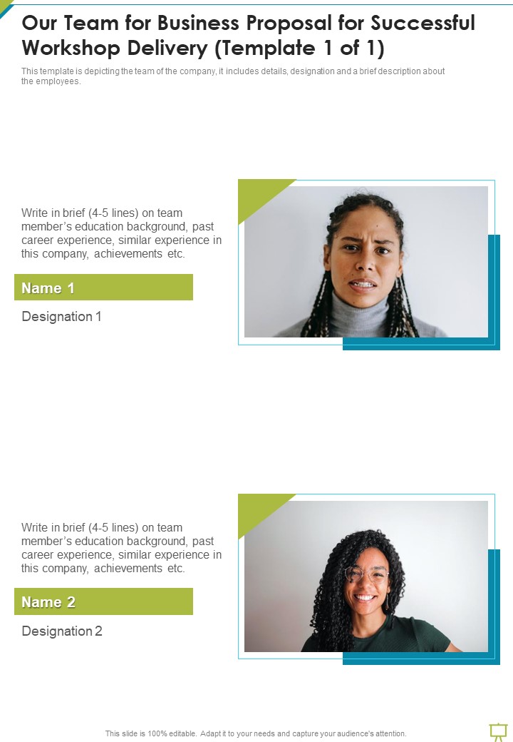 Our Team For Business Proposal For Successful Workshop Delivery One Pager Sample Example Document