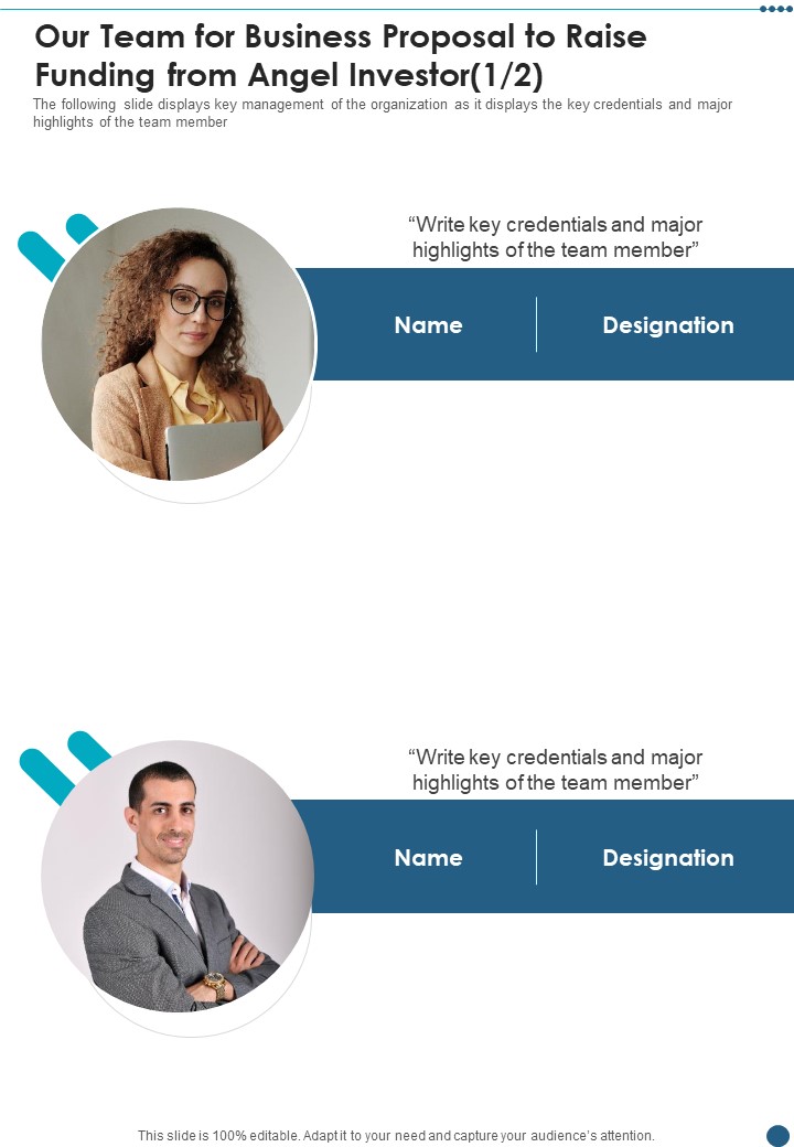 Our Team For Business Proposal To Raise Funding From Angel Investor One Pager Sample Example Document