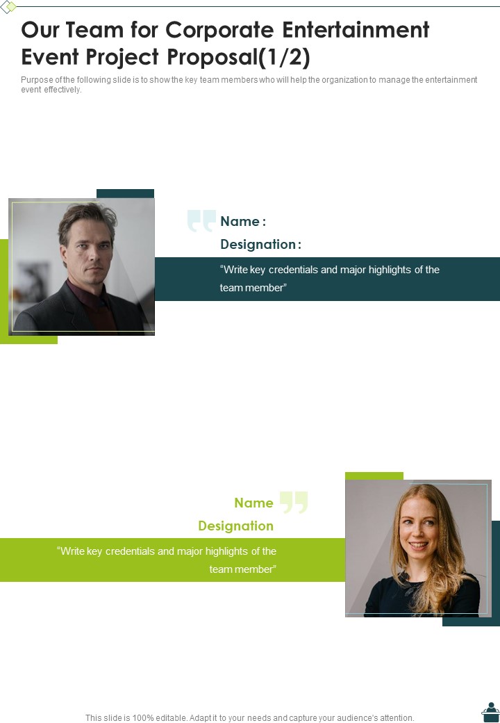Our Team For Corporate Entertainment Event Project Proposal One Pager Sample Example Document
