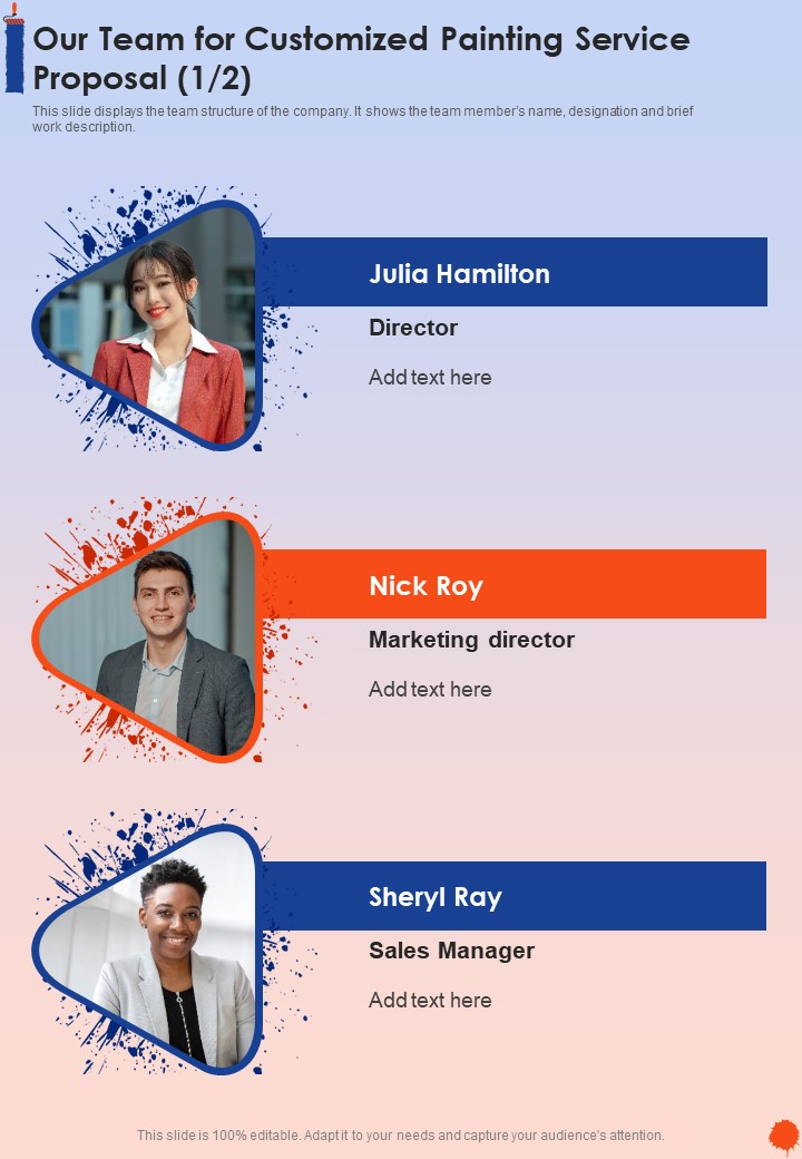 Our Team For Customized Painting Service Proposal One Pager Sample Example Document