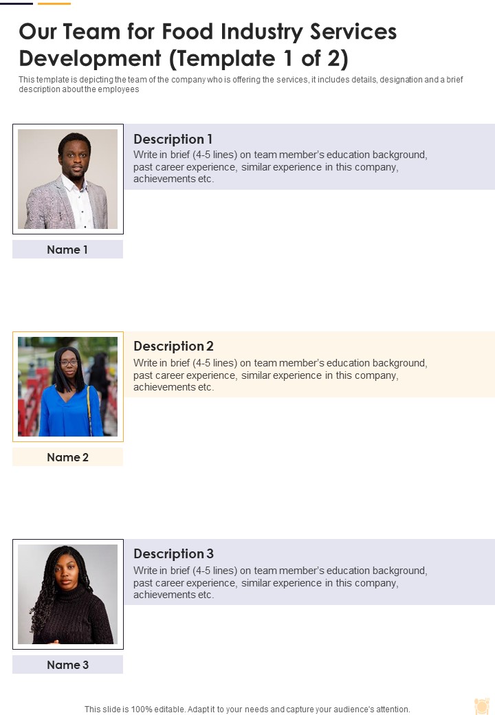 Our Team For Food Industry Services Development One Pager Sample Example Document