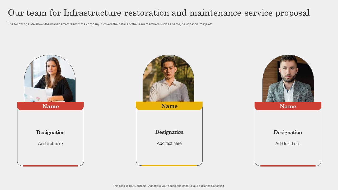 Our Team For Infrastructure Restoration And Maintenance Service Proposal Topics PDF
