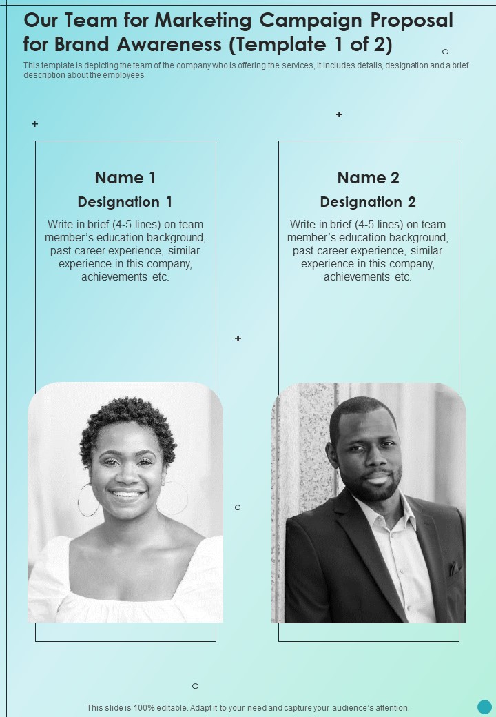 Our Team For Marketing Campaign Proposal For Brand Awareness One Pager Sample Example Document