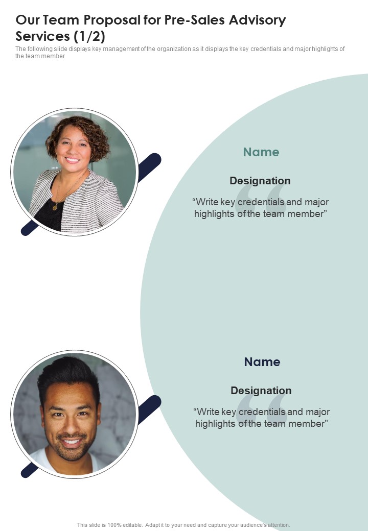 Our Team Proposal For Pre Sales Advisory Services One Pager Sample Example Document