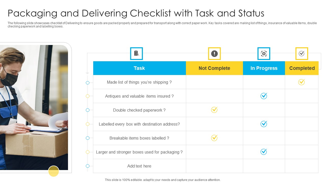 Packaging And Delivering Checklist With Task And Status Background PDF