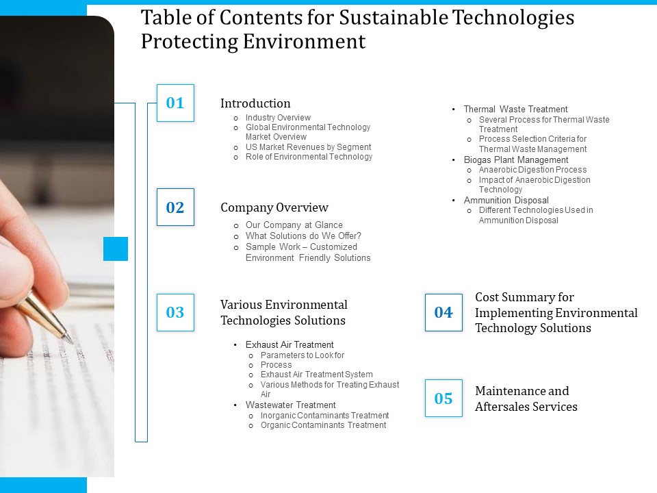 Pathways To Envirotech Sustainability Table Of Contents For Sustainable Technologies Protecting Environment Background PDF