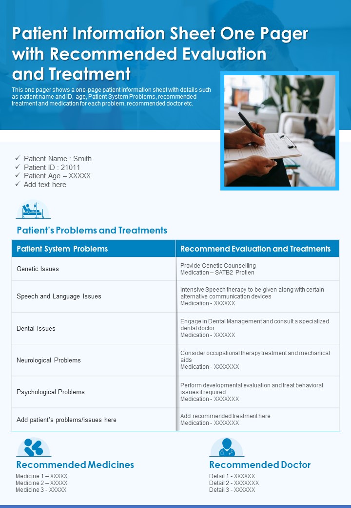 Patient Information Sheet One Pager With Recommended Evaluation And Treatment PDF Document PPT Template
