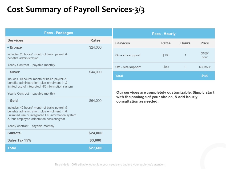 Payroll Outsourcing Service Cost Summary Of Payroll Services Silver Ppt Show Inspiration PDF