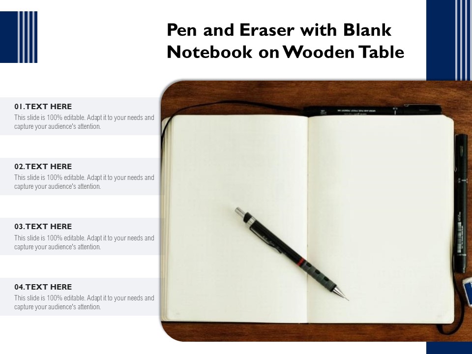 Pen And Eraser With Blank Notebook On Wooden Table Ppt PowerPoint Presentation File Background Image PDF