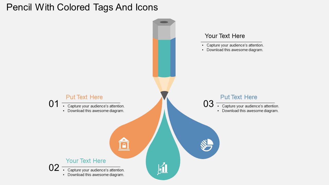 Pencil With Colored Tags And Icons Powerpoint Template