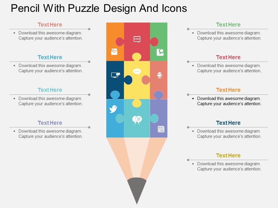 Pencil With Puzzle Design And Icons Powerpoint Template