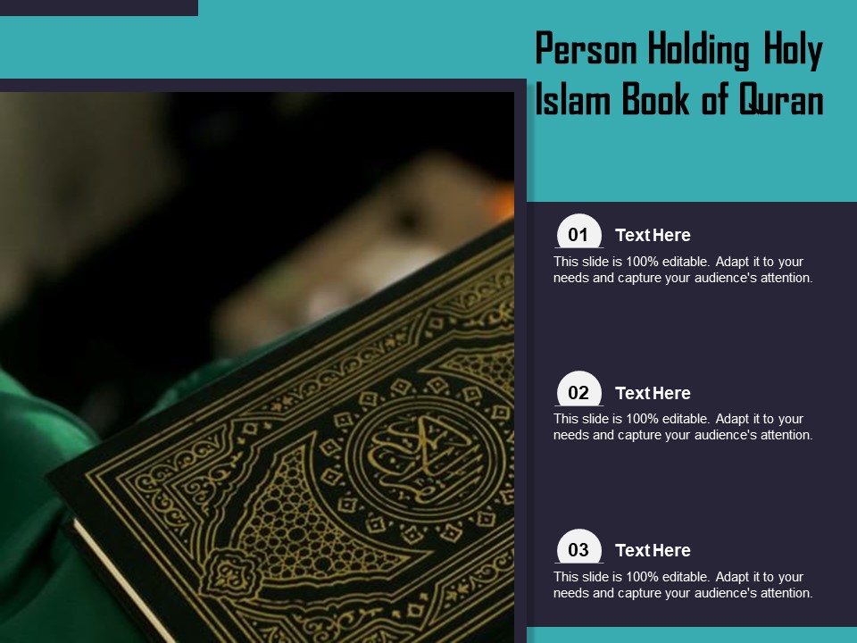 Person Holding Holy Islam Book Of Quran Ppt PowerPoint Presentation Layouts Design Ideas PDF