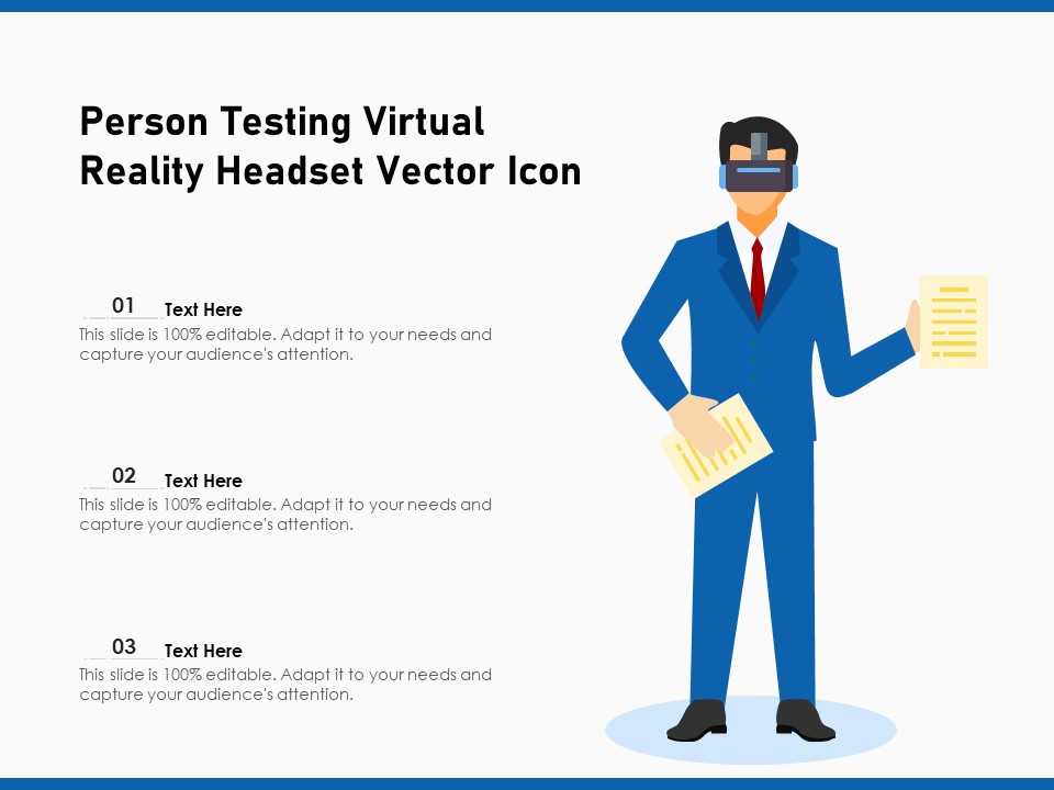 Person Testing Virtual Reality Headset Vector Icon Ppt PowerPoint Presentation Slides Graphics Example PDF