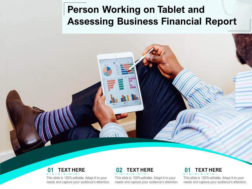 Person Working On Tablet And Assessing Business Financial Report Ppt PowerPoint Presentation Summary Examples PDF