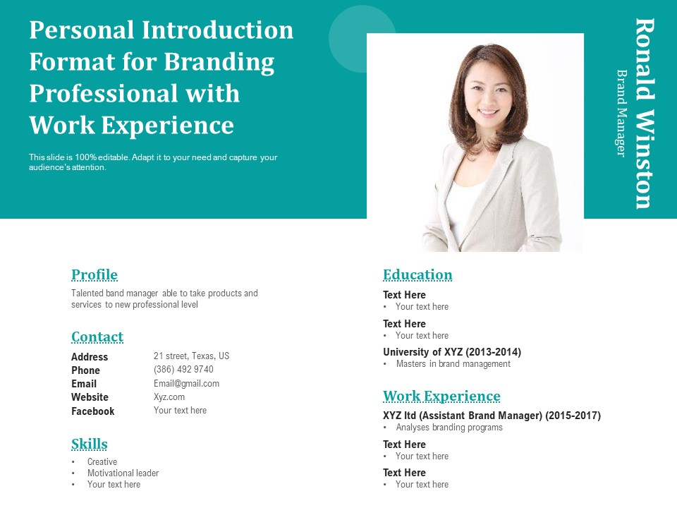 Personal Introduction Format For Branding Professional With Work Experience Ppt PowerPoint Presentation Gallery Demonstration PDF