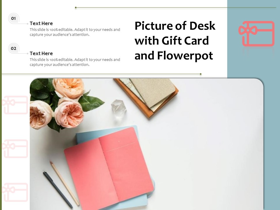 Picture Of Desk With Gift Card And Flowerpot Ppt PowerPoint Presentation Gallery Background Designs PDF