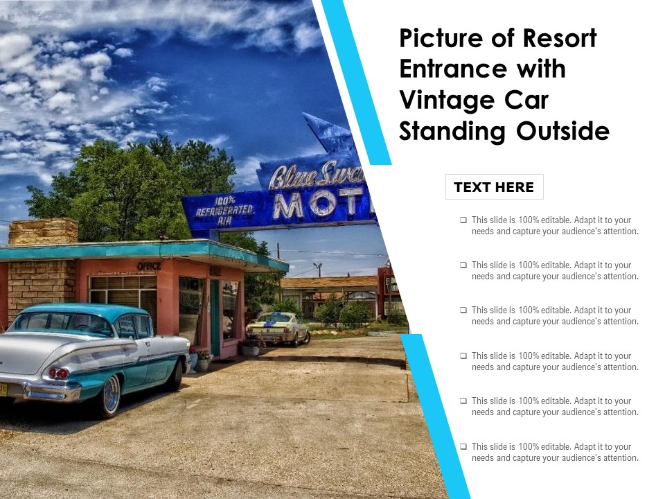 Picture Of Resort Entrance With Vintage Car Standing Outside Ppt PowerPoint Presentation File Slideshow PDF
