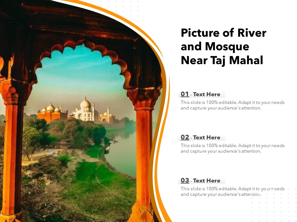 Picture Of River And Mosque Near Taj Mahal Ppt PowerPoint Presentation Gallery Slideshow PDF