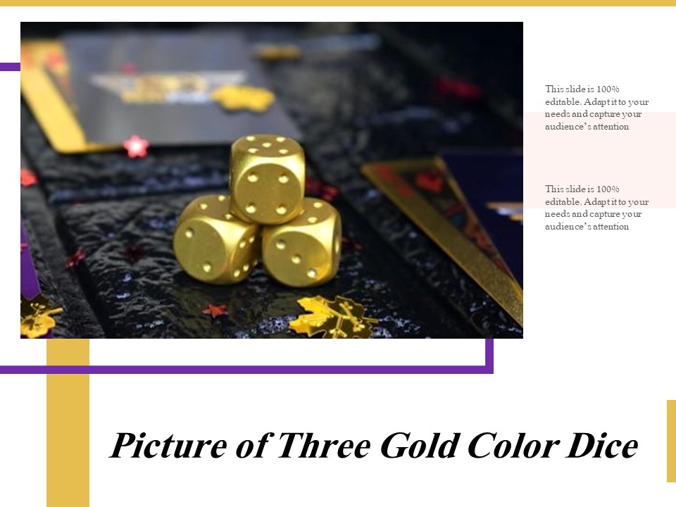 Picture Of Three Gold Color Dice Ppt PowerPoint Presentation Inspiration Graphics PDF