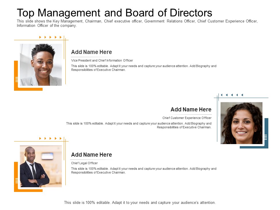 Pitch Deck Raise Capital Interim Financing Investments Top Management And Board Of Directors Officer Elements PDF
