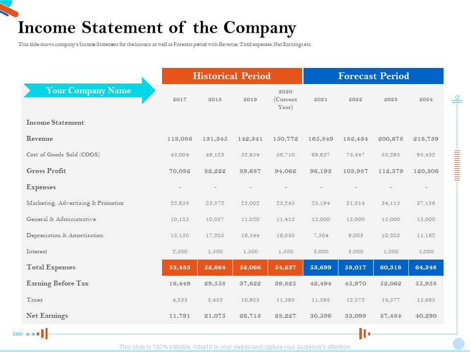 Pitch Presentation Raising Series C Funds Investment Company Income Statement Of The Company Portrait PDF