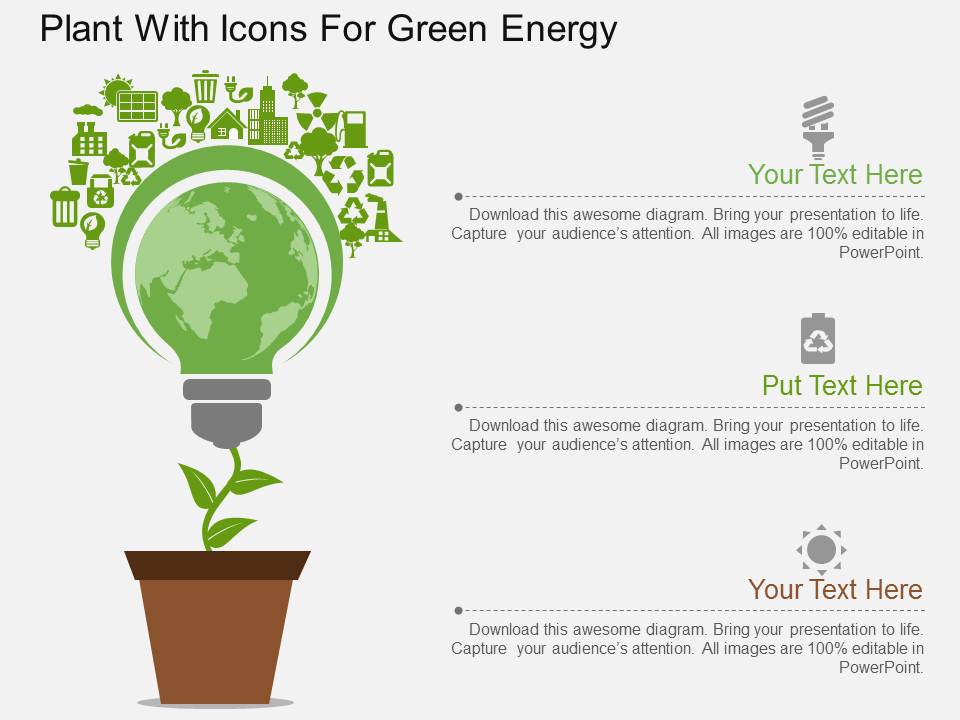 Plant With Icons For Green Energy Powerpoint Template