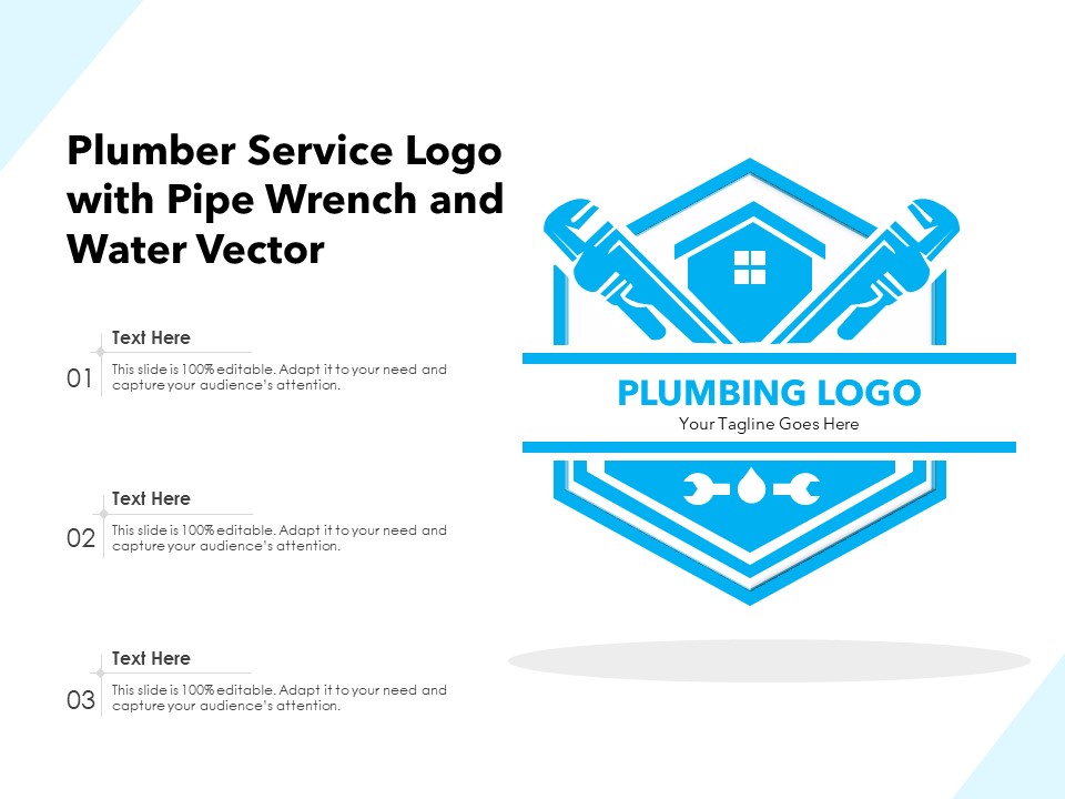 Plumber Service Logo With Pipe Wrench And Water Vector Ppt PowerPoint Presentation Infographic Template Files PDF
