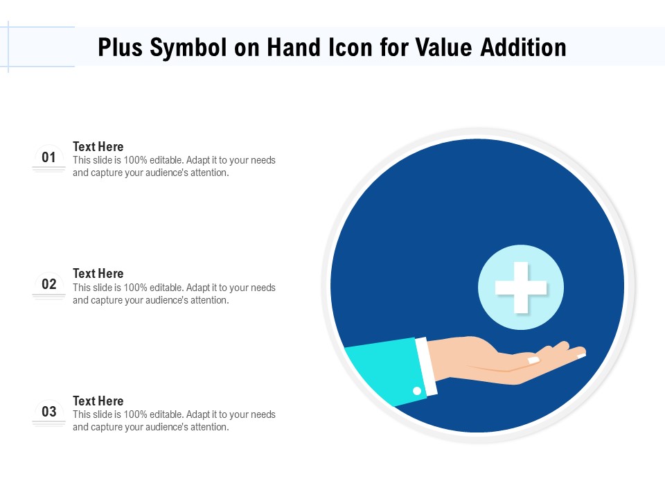 Plus Symbol On Hand Icon For Value Addition Ppt PowerPoint Presentation Gallery Tips PDF