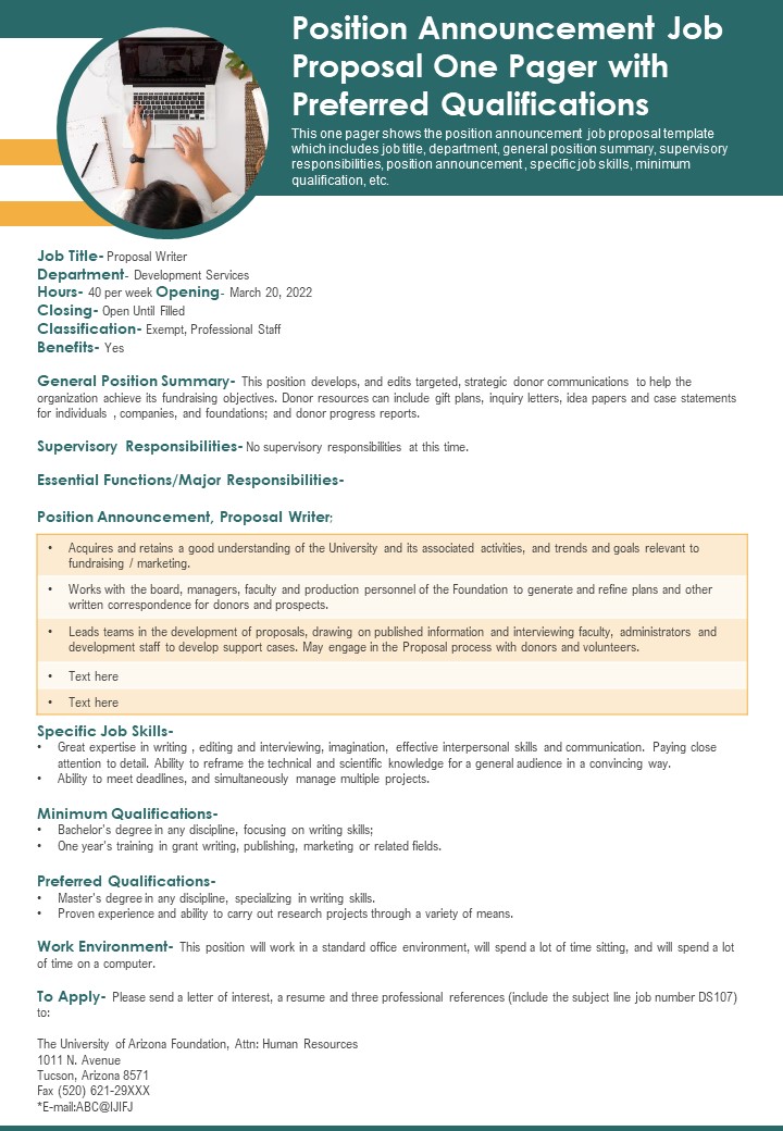 Position Announcement Job Proposal One Pager With Preferred Qualifications PDF Document PPT Template