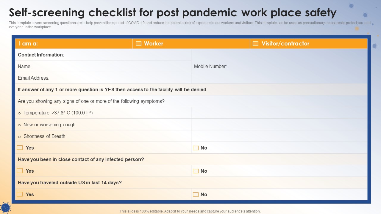Post COVID Organizational Planning Model Self Screening Checklist For Post Pandemic Work Place Safety Microsoft PDF