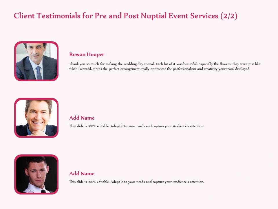 Pre Postnuptial Client Testimonials For Pre And Post Nuptial Event Services Team Ppt Show Example Introduction PDF