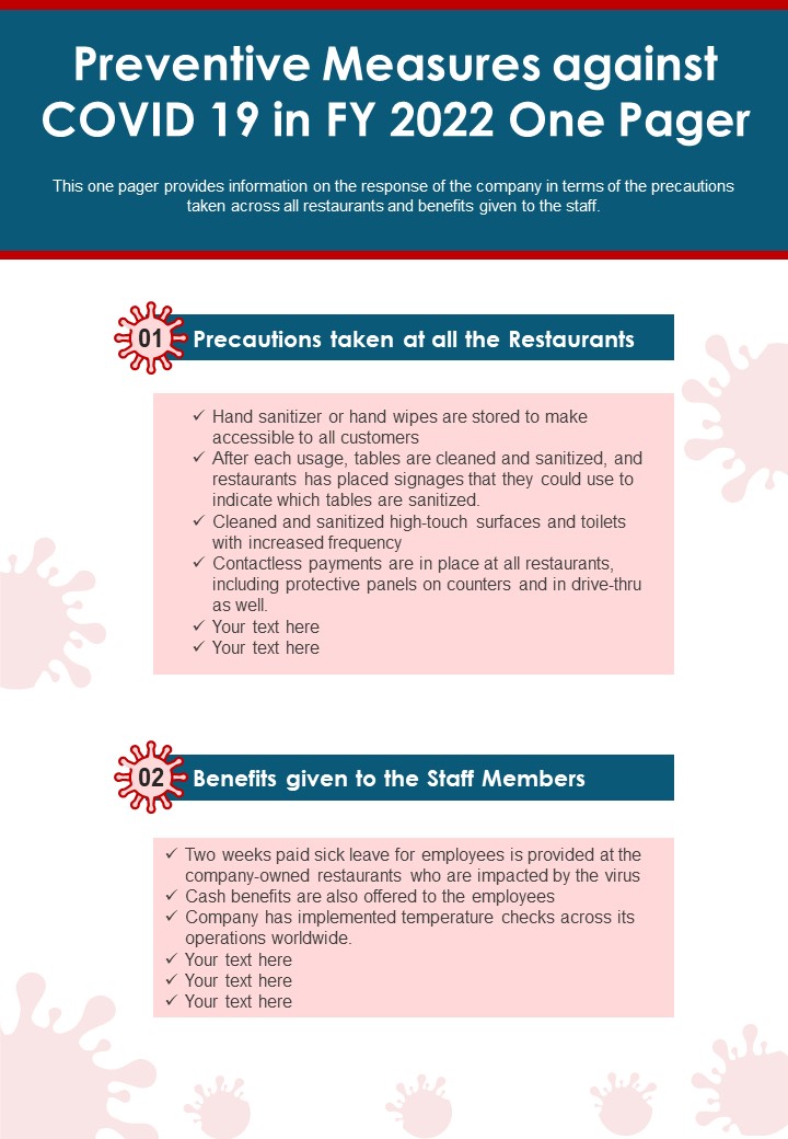 Preventive Measures Against COVID 19 In FY 2022 One Pager PDF Document PPT Template