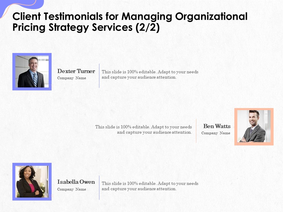 Pricing Profitability Management Client Testimonials For Managing Organizational Strategy Services Infographics PDF