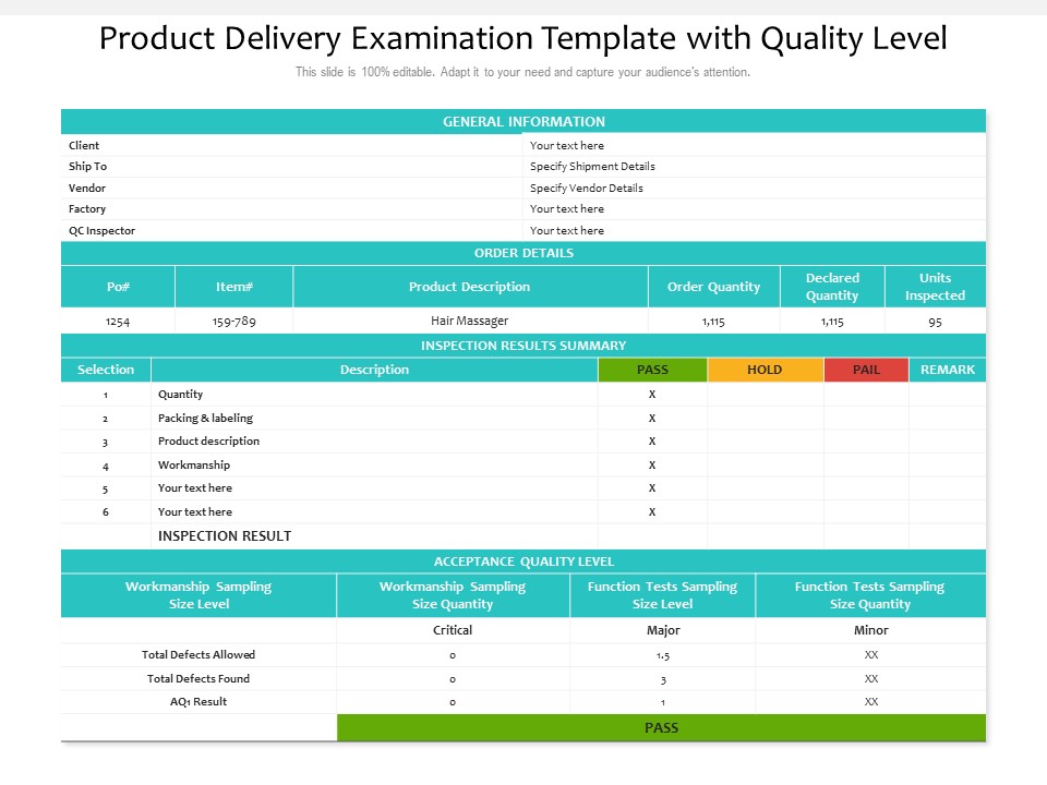 Product Delivery Examination Template With Quality Level Ppt PowerPoint Presentation Layouts Gallery PDF