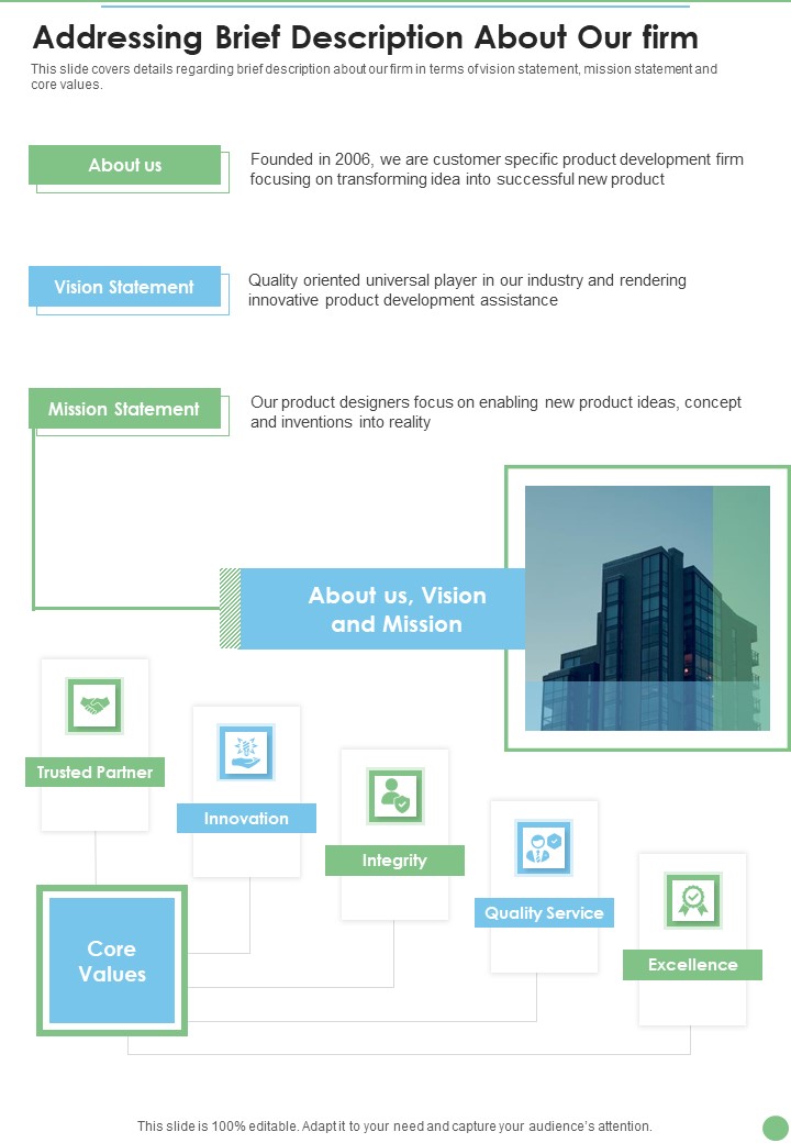 Product Expansion Proposal Addressing Brief Description About Our Firm One Pager Sample Example Document