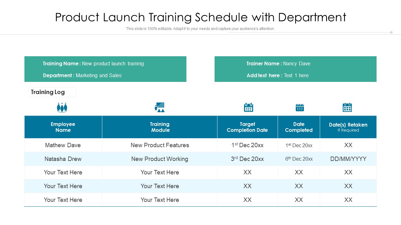 Product Launch Training Schedule With Department Ppt PowerPoint Presentation Show Example Topics PDF